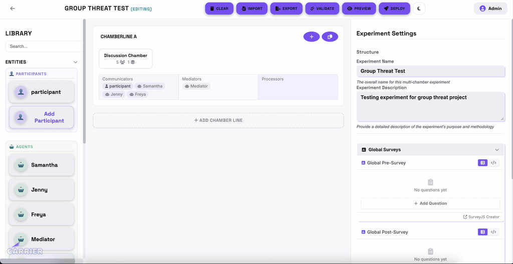 Survey editor — building survey questions, importing JSON, linking to assignment rules