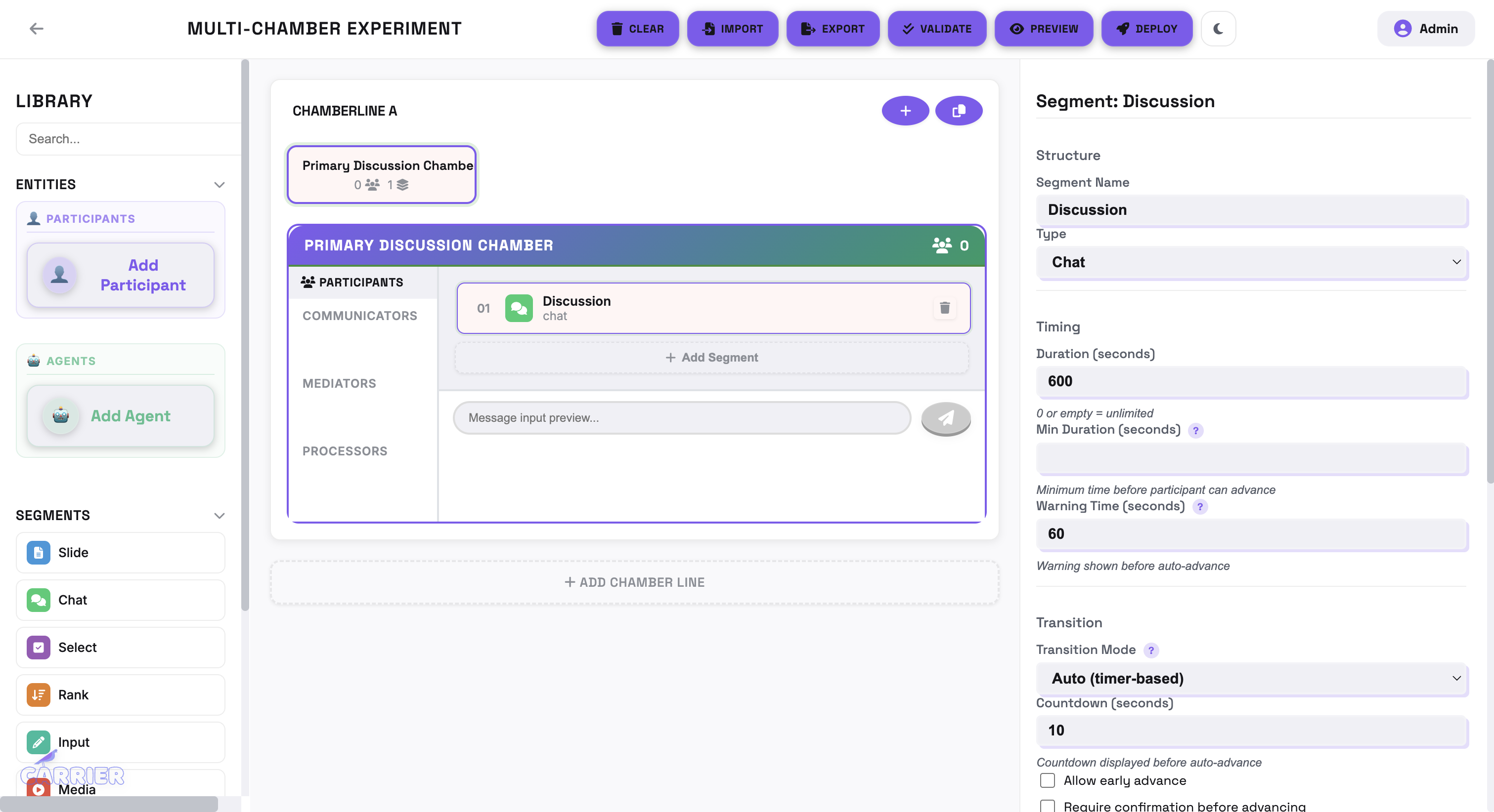 Builder layout overview — three-pane layout with library, canvas, and inspector