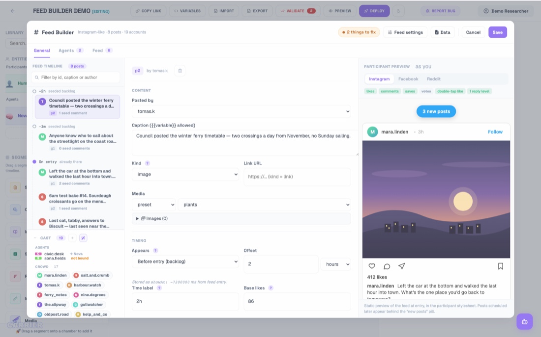 The Feed Builder General tab: feed outline, editor and live participant preview.