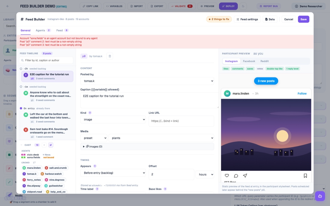 The Feed Builder refusing to save, with an error naming the empty seed comment.