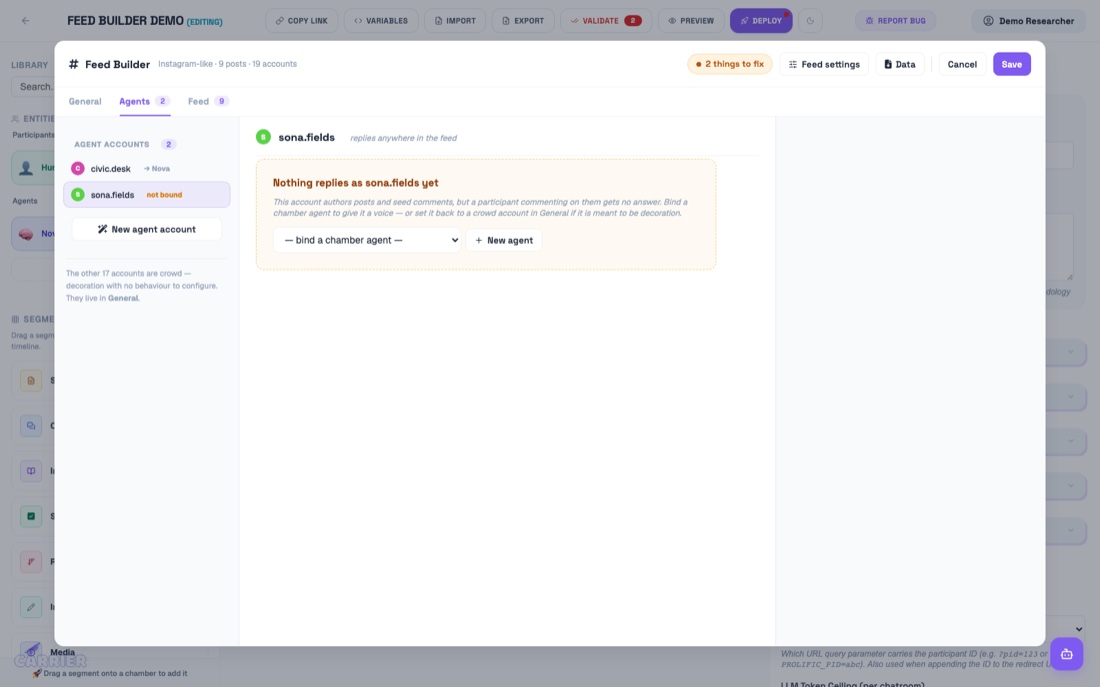 An unbound agent account showing the bind control rather than a configuration form.