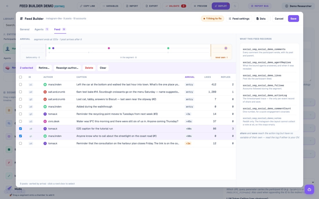 The Feed tab: the three-band arrival axis above a sortable table with rows selected.