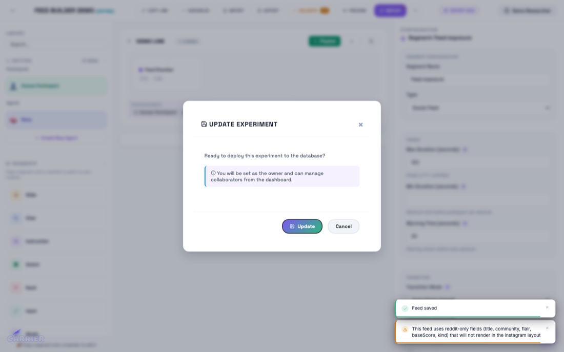 The deploy dialog pausing on a warning about reddit-only fields on an Instagram layout.