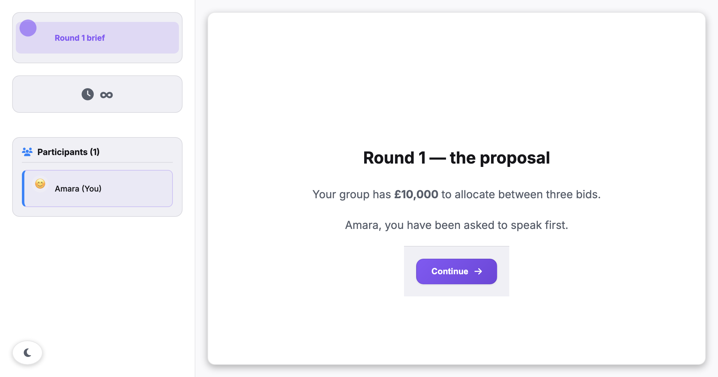 A participant's screen showing the slide: the segment name and an unlimited-duration clock in the sidebar, a participant list containing Amara, and the rendered slide with a Continue button.